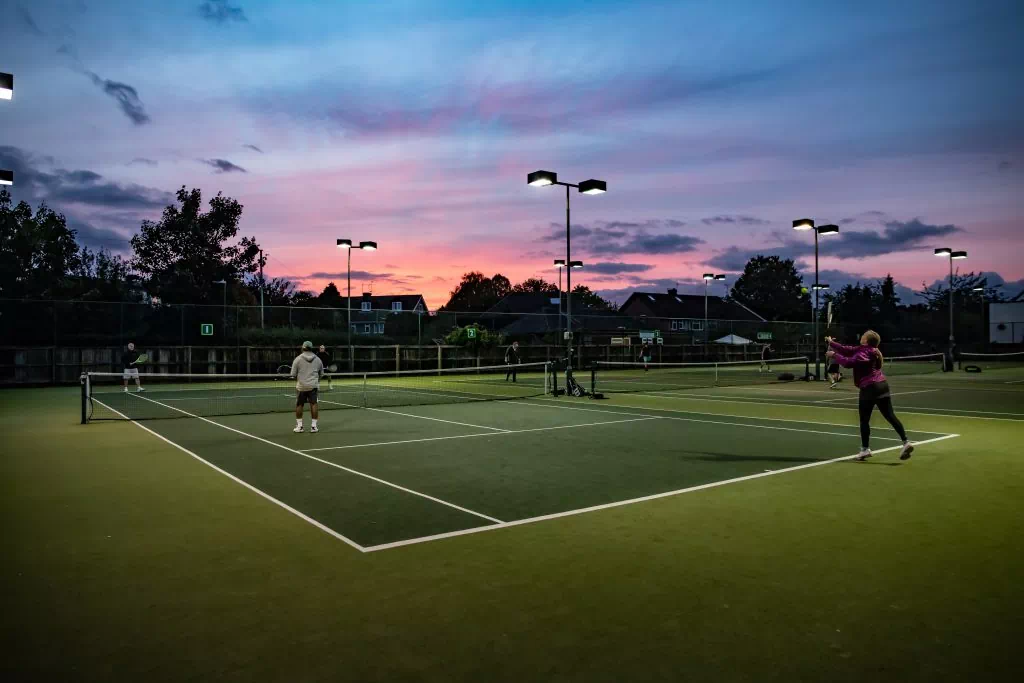 Leamington Tennis Club court lights in the evening